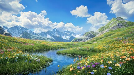 Illustration of a serene countryside landscape featuring a clear pond in the foreground