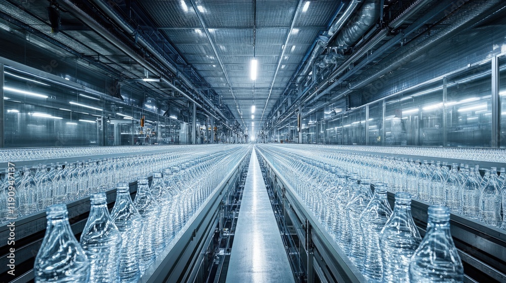 Poster A repetitive pattern of clear bottles aligned on a production line, gleaming under the factory lights, showcasing precision and efficient manufacturing
