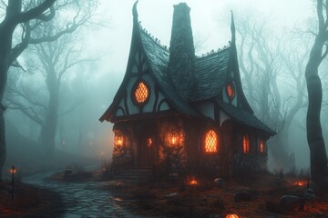 Fototapeta premium A gothic depiction of a foggy forest retreat, with an eerie yet peaceful cabin lit by a single lantern and surrounded by towering dark trees