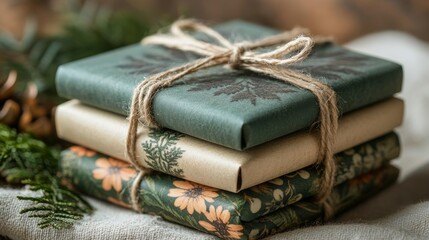 Gift boxes with festive decorations placed on a wooden table near a glowing fireplace during holiday season