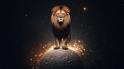 Celestial lion standing on a moonlit asteroid, surrounded by radiant stardust