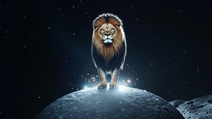 Celestial lion standing on a moonlit asteroid, surrounded by radiant stardust