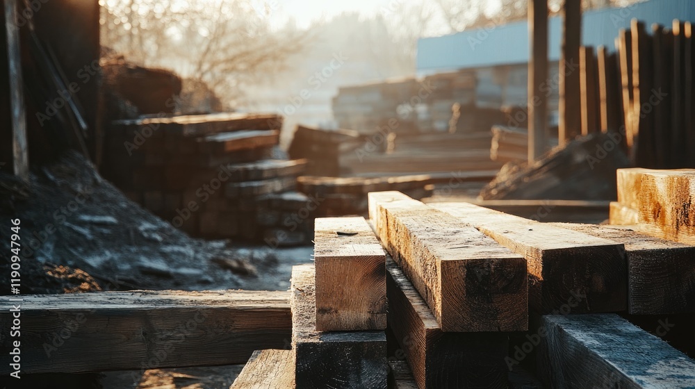 Poster a rustic lumberyard featuring square beams drying under the sun, framed by rough logs in the backgro