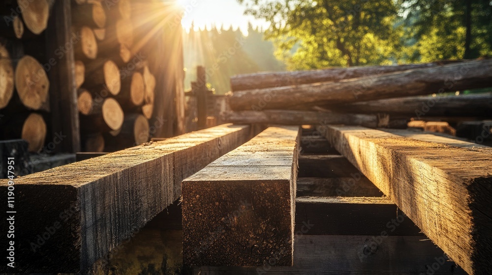 Poster a rustic lumberyard featuring square beams drying under the sun, framed by rough logs in the backgro