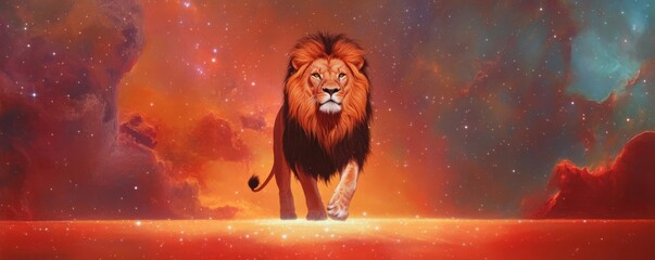 Celestial lion walking across a radiant cosmic horizon, its mane shimmering with interstellar light