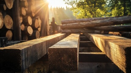 A rustic lumberyard featuring square beams drying under the sun, framed by rough logs in the background, capturing the beauty of the natural wood