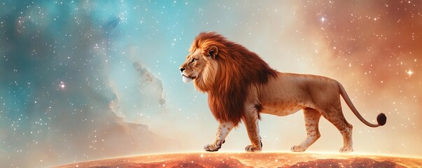 Celestial lion walking across a radiant cosmic horizon, its mane shimmering with interstellar light