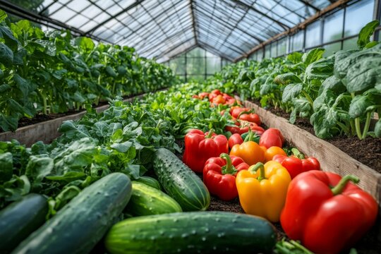 A greenhouse filled with rows of fresh vegetables like lettuce, cucumbers, and bell peppers growing in abundance