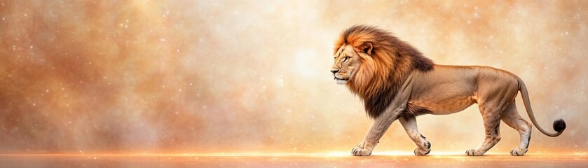 Obraz premium Celestial lion walking across a radiant cosmic horizon, its mane shimmering with interstellar light