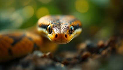 Obraz premium Close-Up of a Spectacular Dumeril's Boa, A Stunning Reptile in its Natural Habitat, Showcasing Intricate Details and Vibrant Colors.