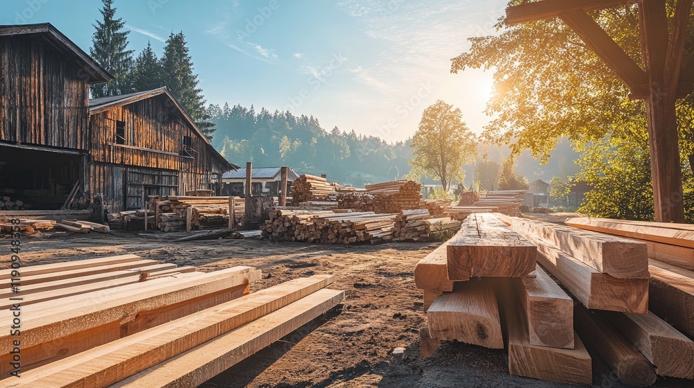 Poster a rustic lumberyard with square beams drying under the sun, framed by rough logs in the background, 