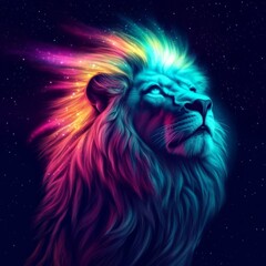 Fototapeta premium Celestial lion with a mane glowing like a vibrant aurora, blending cosmic energy with strength