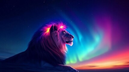 Naklejka premium Celestial lion with a mane glowing like a vibrant aurora, blending cosmic energy with strength