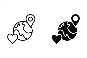 Love location icon. Location pin icon with heart and earth shape. Favorite place. Pictogram isolated on white background.