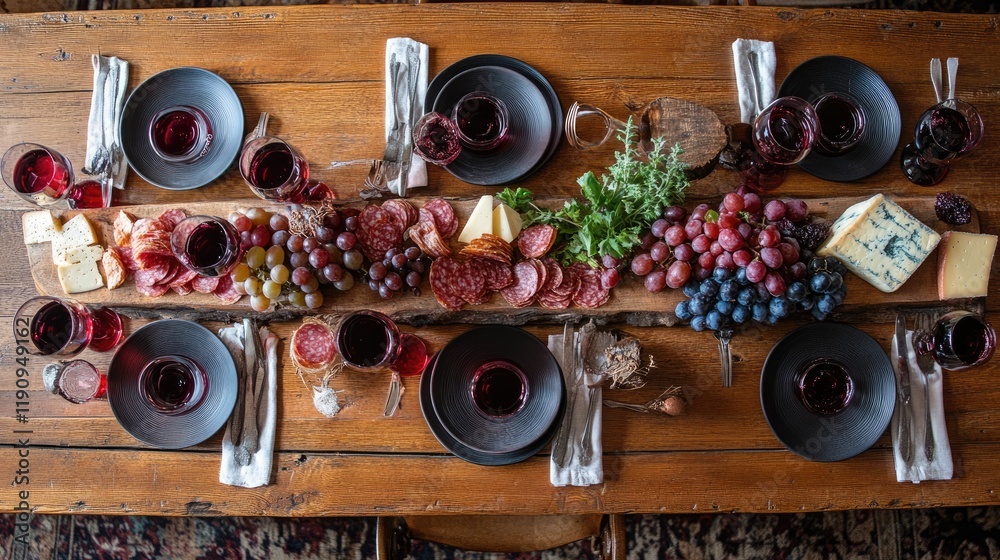 Aufkleber a rustic wooden table viewed from above, featuring red wine glasses at different fill levels and a c