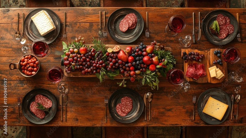 Poster A rustic wooden table viewed from above, featuring red wine glasses at different fill levels and a charcuterie board with an assortment of cheeses, meats, and fruits