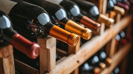 A rustic wine rack filled with rows of vintage wine bottles, subtly lit in a dim cellar, evoking sophistication and the care involved in aging wine