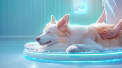 Futuristic pet grooming technology with holograms. Generative AI