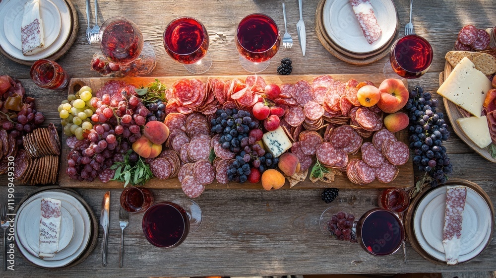 Poster a rustic wooden table viewed from above, featuring red wine glasses at different fill levels and a c