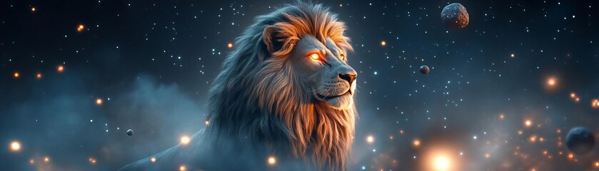 Naklejka premium Celestial lion with glowing eyes, standing proudly amidst a field of luminous asteroids