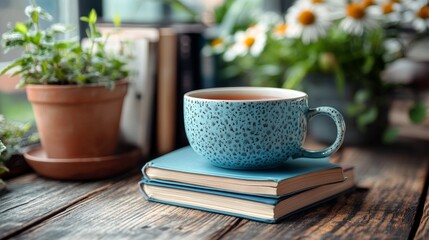 Cozy morning with tea in a speckled cup beside books and plants on a rustic wooden table