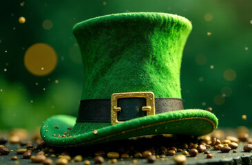 Green leprechaun hat close-up, symbol of the day of the fifth patrick, on a green blurred background