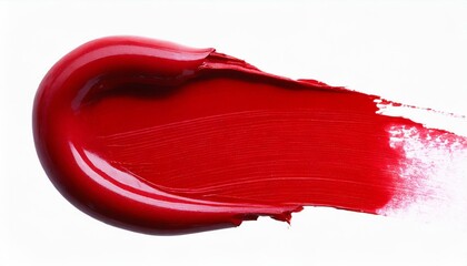 Red lipstick smear smudge swatch isolated on white background, cream makeup texture, color cosmetic product brush stroke swipe close up.