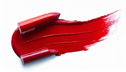 Red lipstick smear smudge swatch isolated on white background, cream makeup texture, color cosmetic product brush stroke swipe close up.