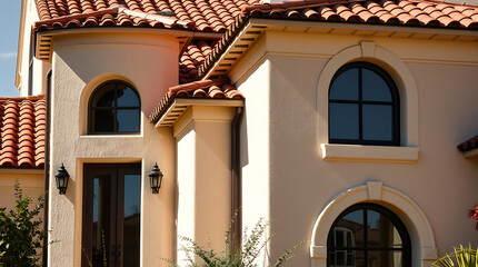 Mediterranean Villa Exterior: Elegant Home Design with Arch Windows and Red Tile Roof