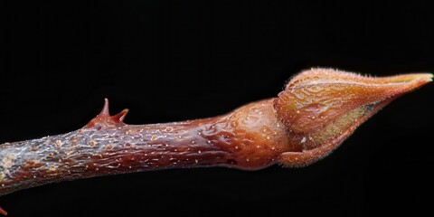 Close-up of a plant bud showcasing intricate textures and details.