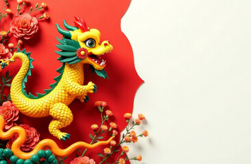 Chinese New Year card, dragon on a red background, copy space