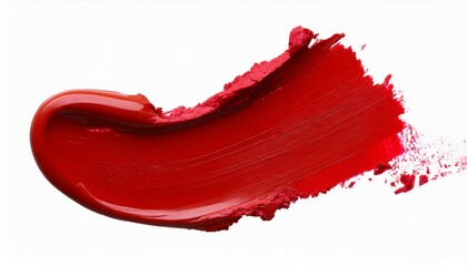 Red lipstick smear smudge swatch isolated on white background, cream makeup texture, color cosmetic product brush stroke swipe close up.