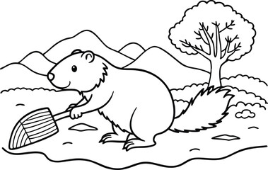 Adorable Marmot Digging with a Shovel in Mountain Landscape