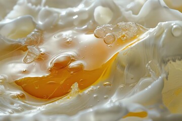 Close-up of a raw egg with its yolk and egg white, showcasing texture and liquid form.