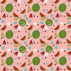 Seamless pattern abstract  fruit motif  with watermelons  leaf  and small flowers onpink background  tropical style design for surfaces 