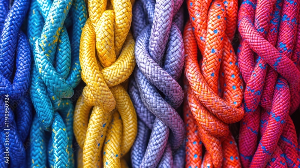 Poster a series of vivid climbing ropes, arranged in a layered pattern, offering a bold and energetic backg