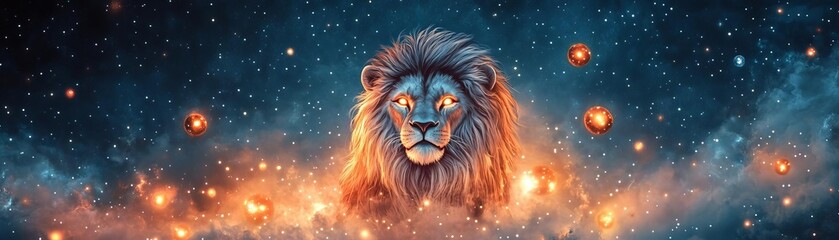 Celestial lion with glowing eyes, standing proudly amidst a field of luminous asteroids
