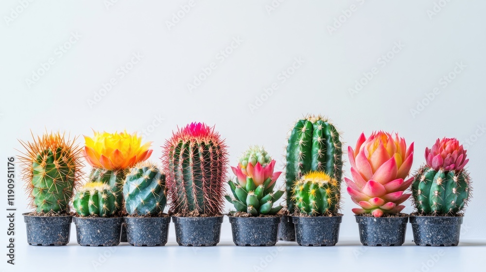 Aufkleber A set of vibrant cacti with unusual shapes and bright colors, isolated on a pure white background, creating a sharp and captivating visual display