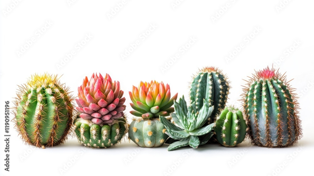 Aufkleber A set of vibrant cacti with unusual shapes and bright colors, isolated on a pure white background, creating a sharp and captivating visual display