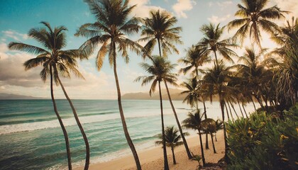 Obraz premium Beautiful Vintage tropical beach with palm trees, sunset beach seascape, design template for travel banner, faded picture.