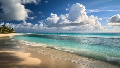 Obraz premium Beautiful tropical beach with palm trees, sunset beach seascape, design template for travel banner.