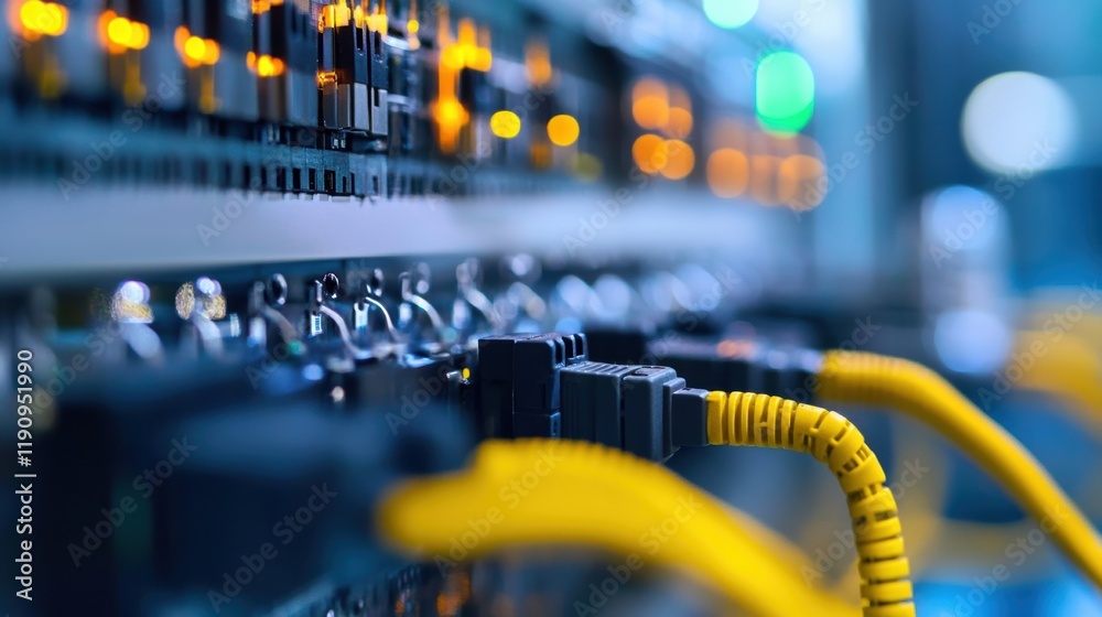 Poster close up view of network cables with yellow connectors plugged into a server rack in a data center, 