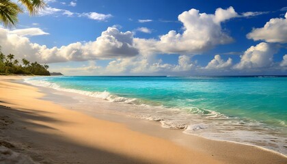Obraz premium Beautiful tropical beach with palm trees, sunset beach seascape, design template for travel banner.
