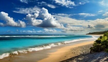 Obraz premium Beautiful tropical beach with palm trees, sunset beach seascape, design template for travel banner.