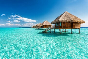 A picturesque tropical island with overwater bungalows, crystal-clear waters, and a vibrant sunset casting warm hues across the sky