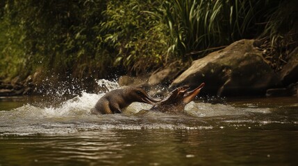 Fototapeta premium Explore the vibrant Amazon rainforest with playful pink river dolphins engaging in lively behavior, showcasing unique wildlife encounters.
