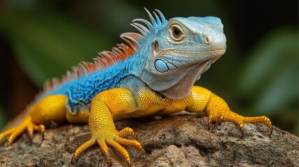 Obraz premium Vibrant lizard relaxing on a rock in a lush green environment