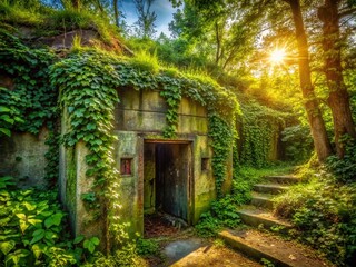Fototapeta premium Panoramic View of Overgrown Military Bunker Entrance, Nature Reclaiming Abandoned Structure