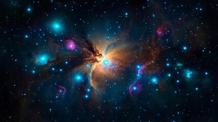 Golden Leo constellation glowing in a swirling nebula, surrounded by celestial shapes