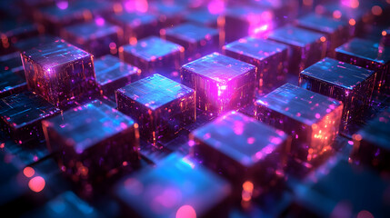 Fototapeta premium Abstract Geometric Composition of Glowing Cubes in Purple and Blue Hues